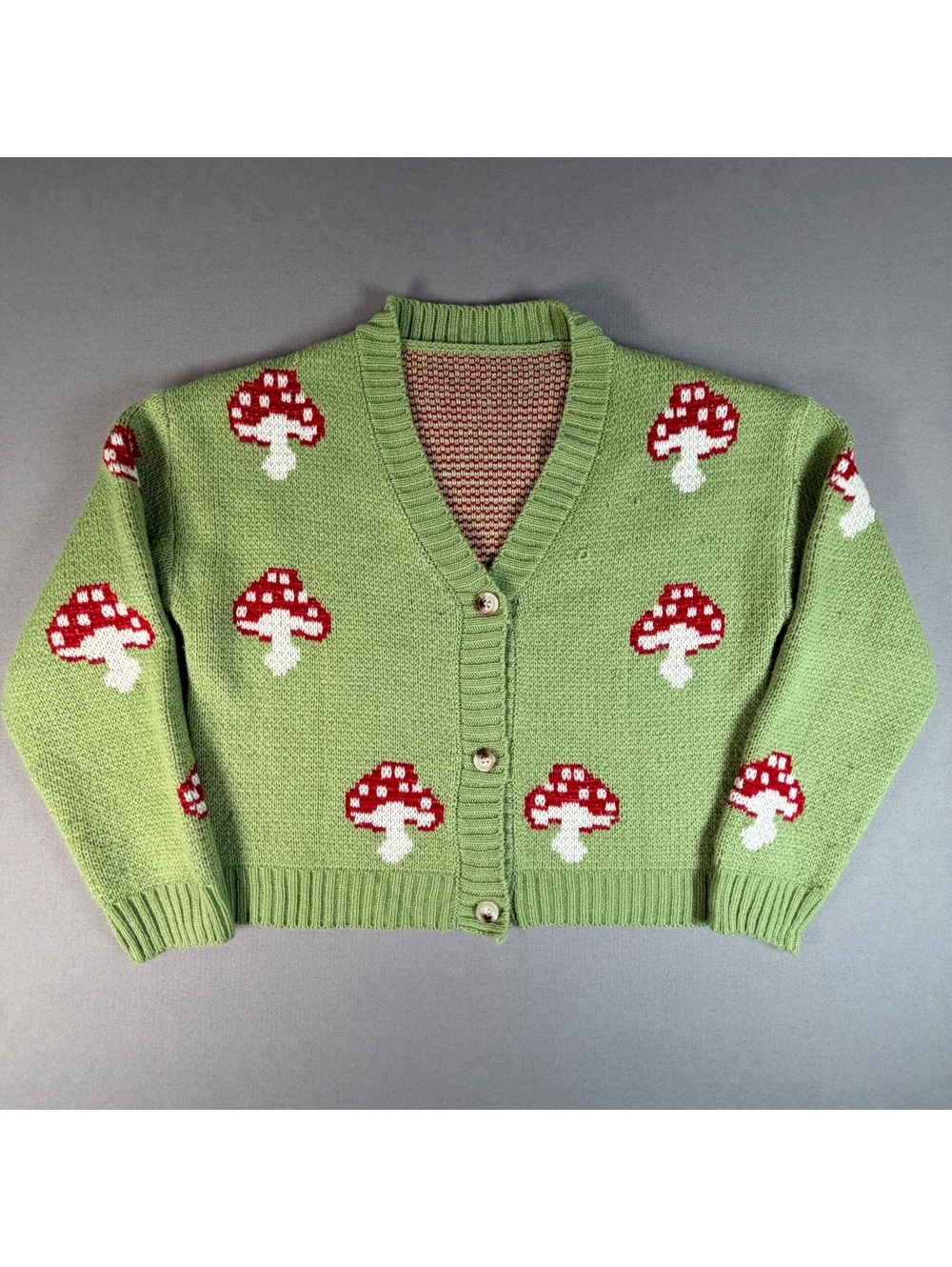 SHEIN Girls Mushroom Cardigan Sweater 11-12Y Green Red Cottagecore Knit Tween